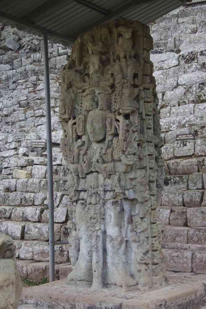Site archéologique de Copán, le 17 février 2020. Stèle M et escalier hiéroglyphique