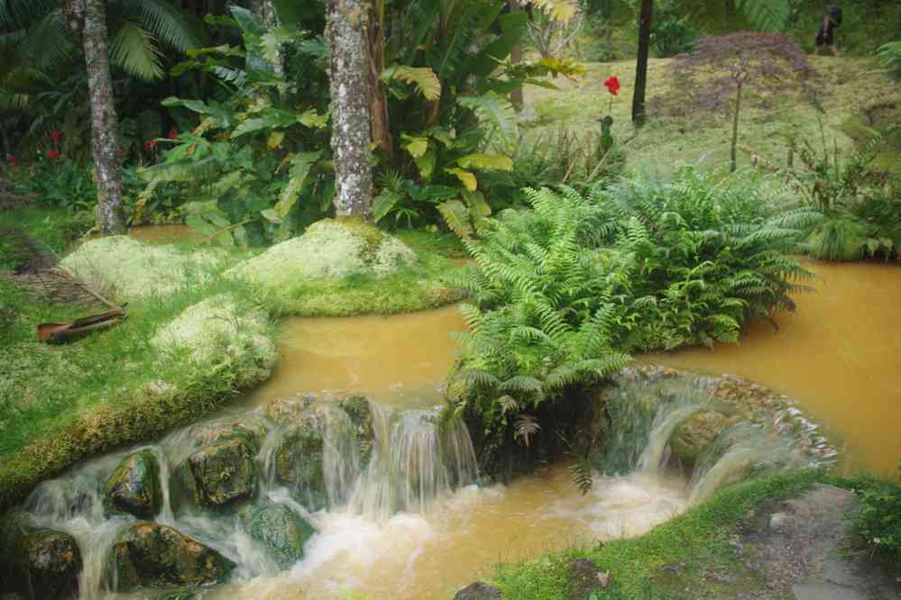 Furnas, parc de Terra Nostra. L’eau coulant du grand bassin circulaire, le 3 juillet 2023