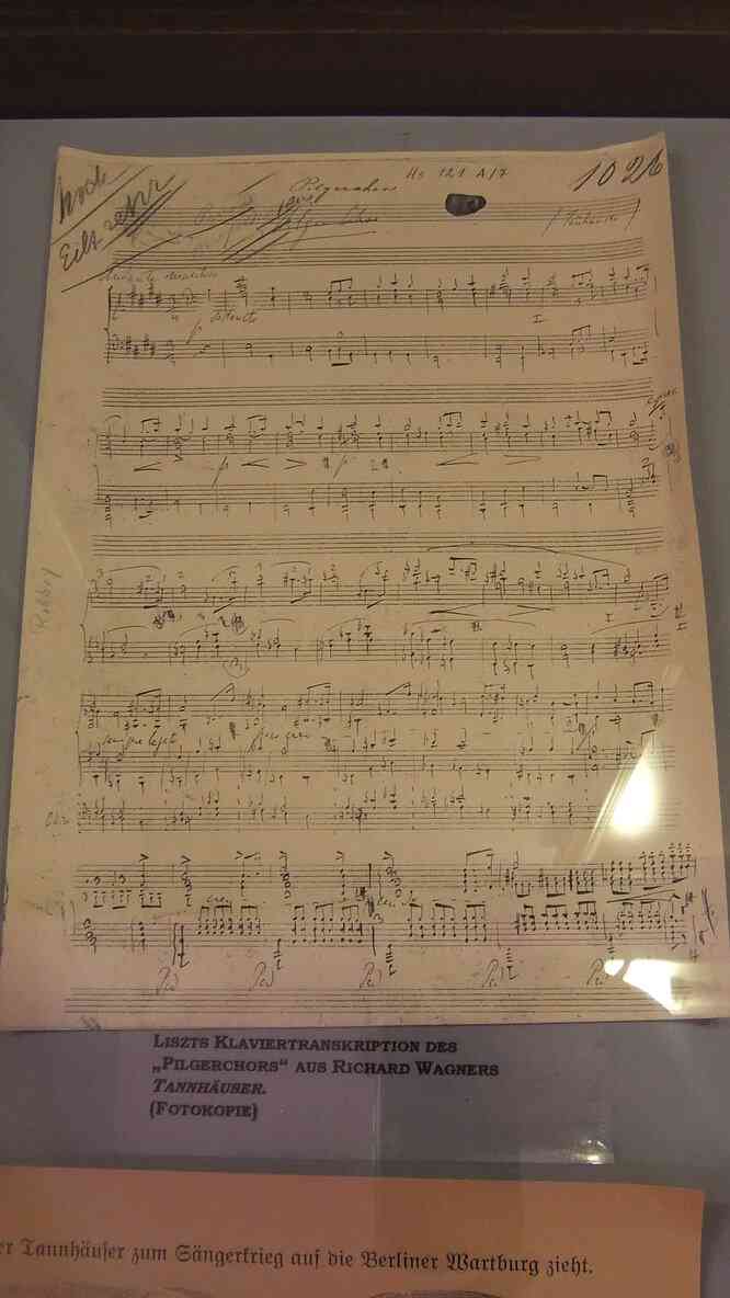 Bayreuth, musée Franz Liszt. Partition manuscrite de la transcription pour piano du chœur des pèlerins de Tannhaüser (de Wagner). 16 août 2019